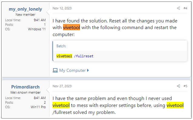 user reports from Windows 11 forum