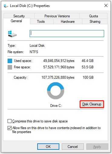 click Disk Cleanup in the Properties window