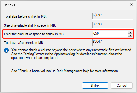 decide the amount of disk space to shrink