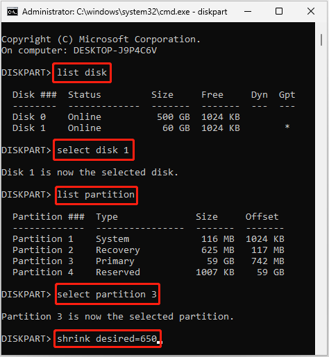 shrink Windows partition via Diskpart