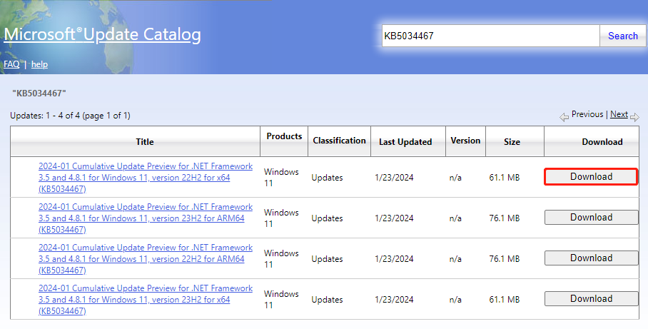 download KB5034467 from Microsoft Update Catalog