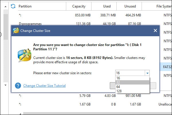 change cluster size FAT32