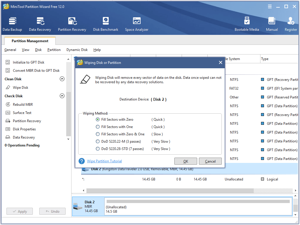 erase disk in partition wizard select wiping method