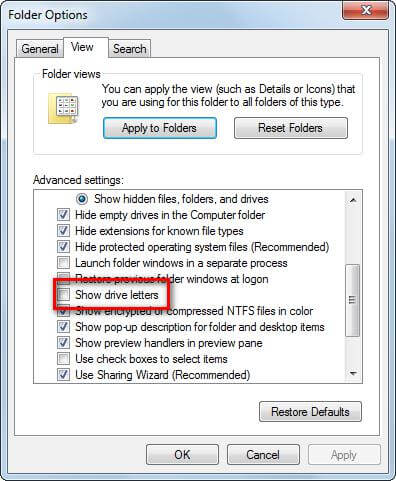 show drive letter in folder options  
