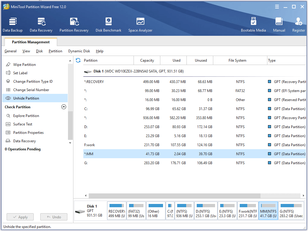 unhide partition in partition wizard select the hidden partition