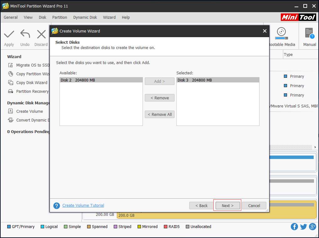 Choose a destination disk to create the volume on