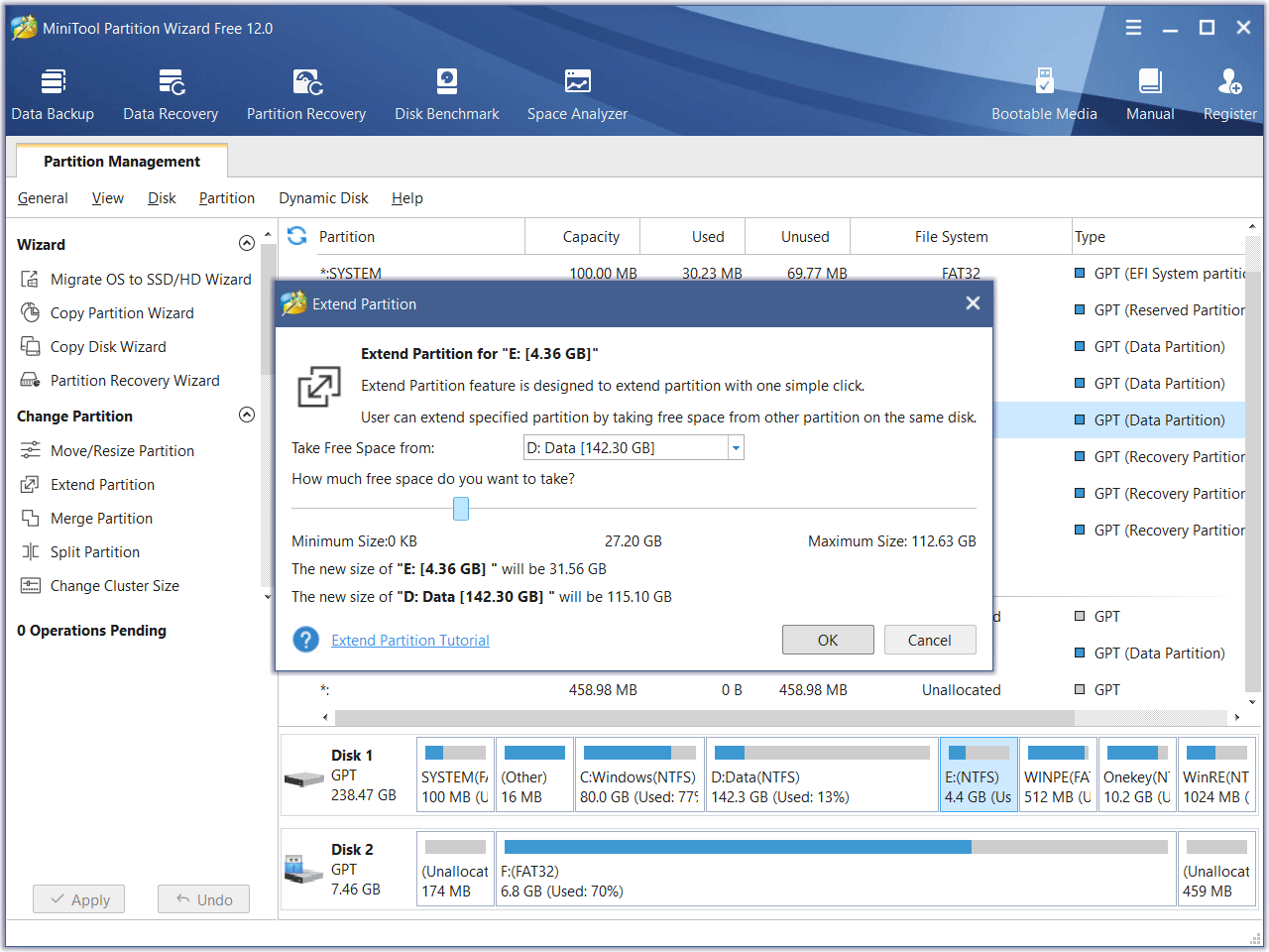 choose space to extend partition