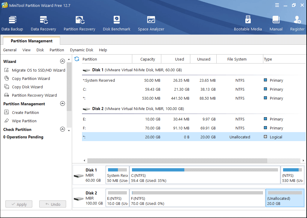 The main interface of MiniTool Partition Wizard