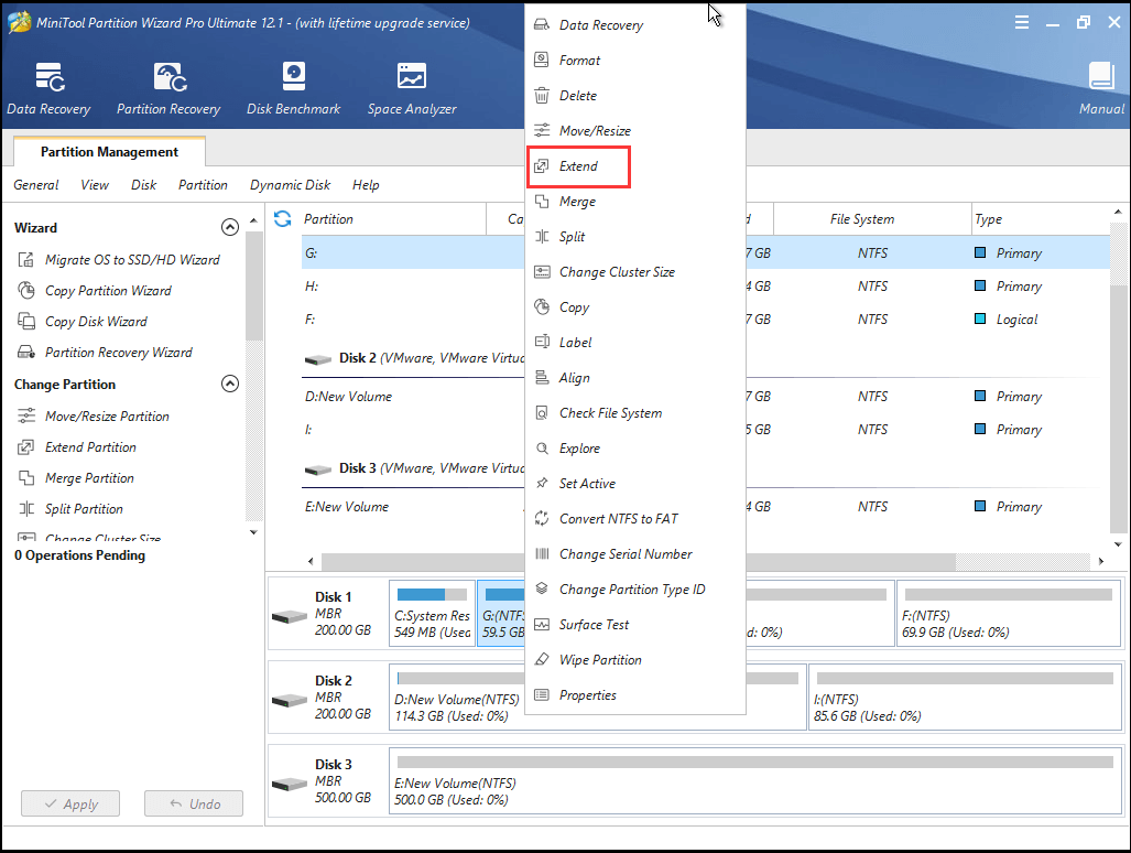 select C drive partition and choose Extend