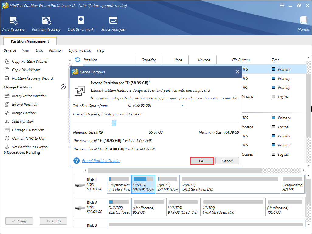 choose space to extend system partition