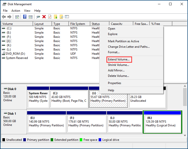 extend volume in Disk Management