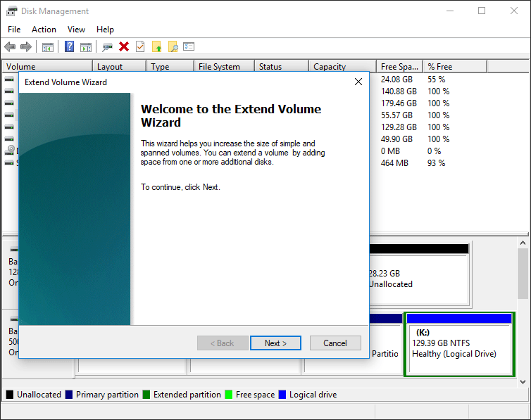 click Next to open Extend Volume Wizard