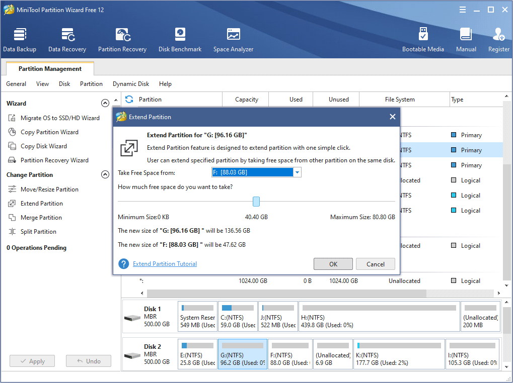 choose a partition to take space from