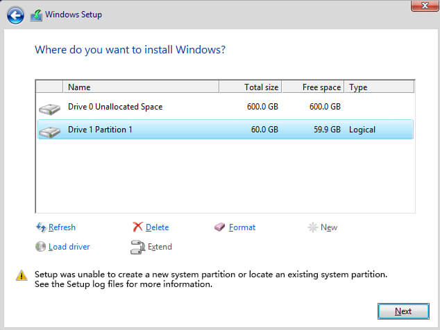 setup was unable to create a new system partition