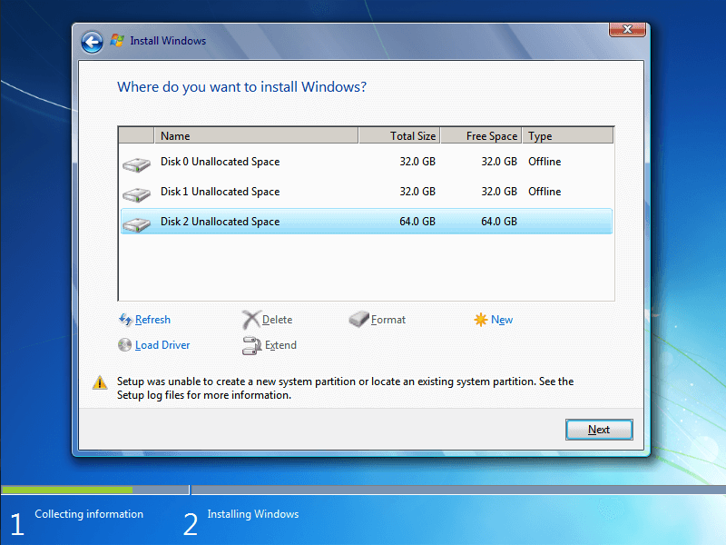 select the disk where you want to install Windows