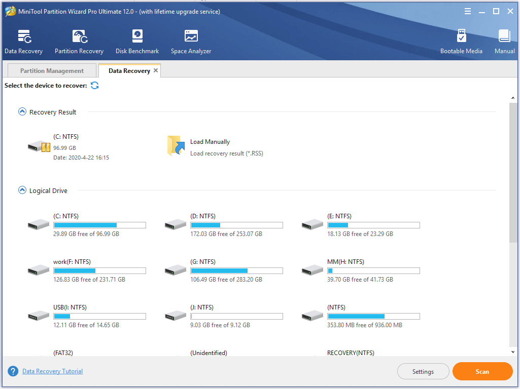 select drive to scan lost data 