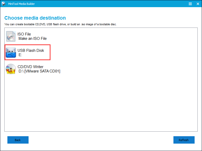 choose a media destination in the Partition Wizard