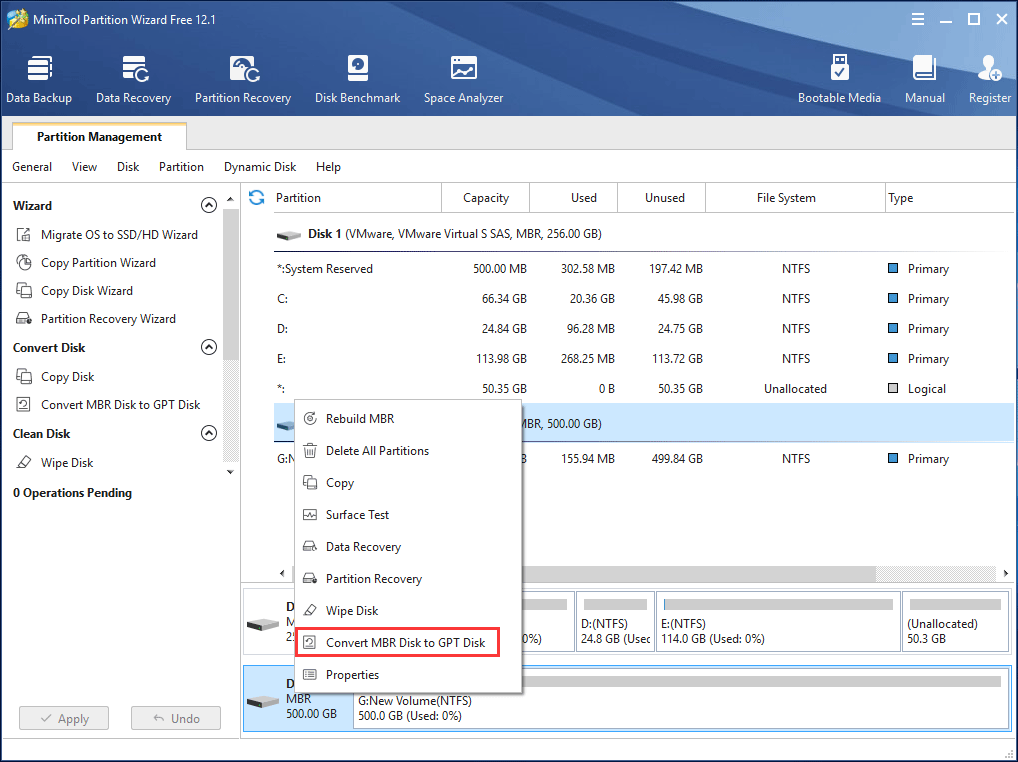 convert MBR to GPT with MiniTool Partition Wizard