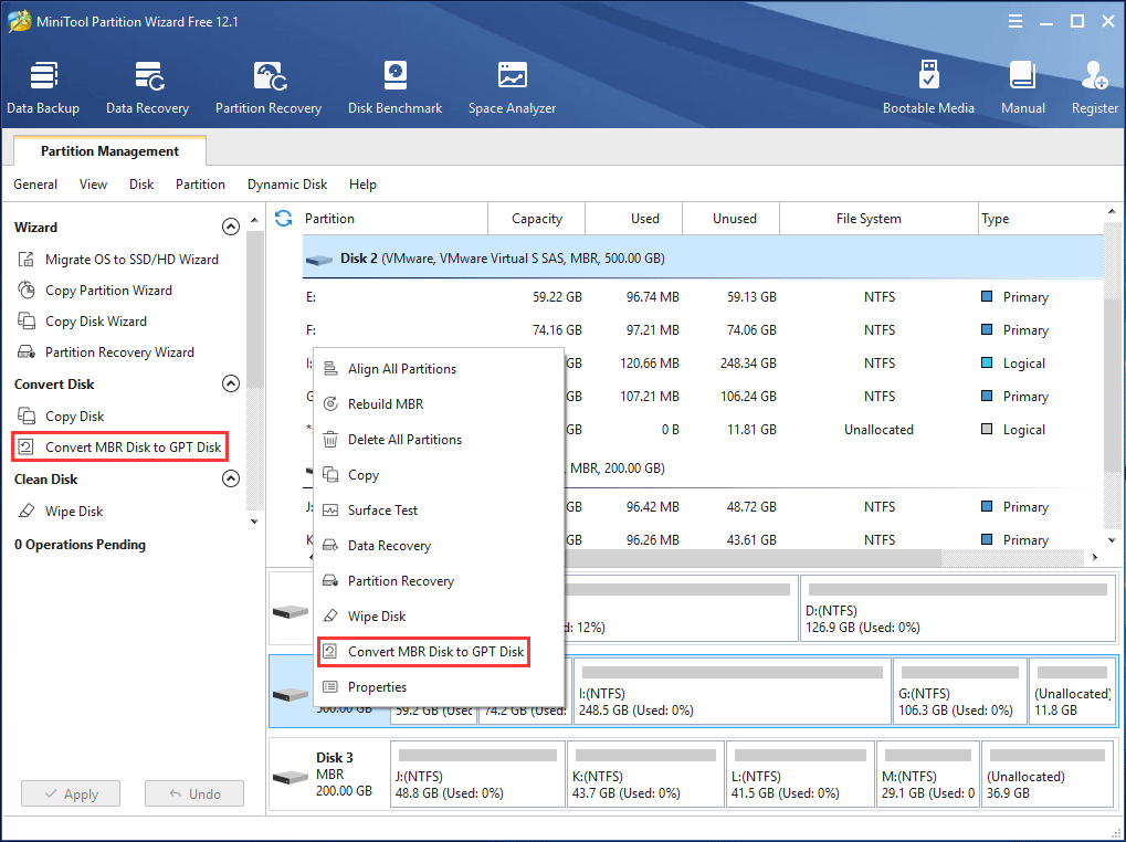 convert MBR to GPT disk with MiniTool Partition Wizard
