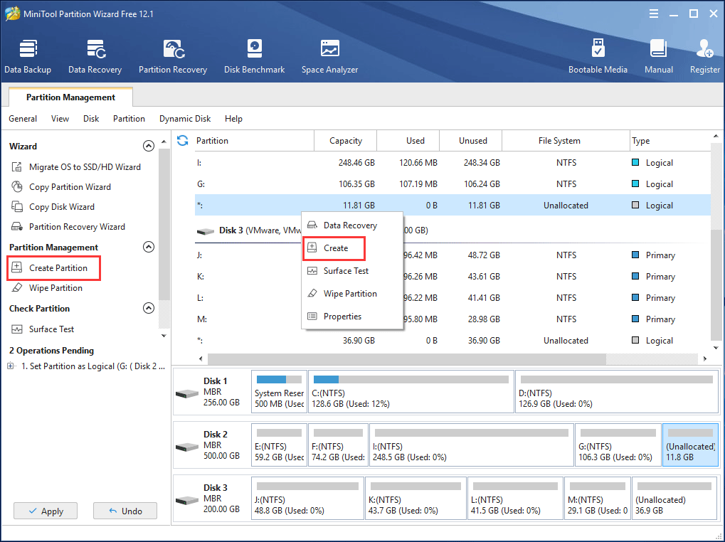 create partition with unallocated space