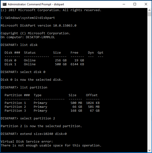 extend system partition Windows 10 via diskpart