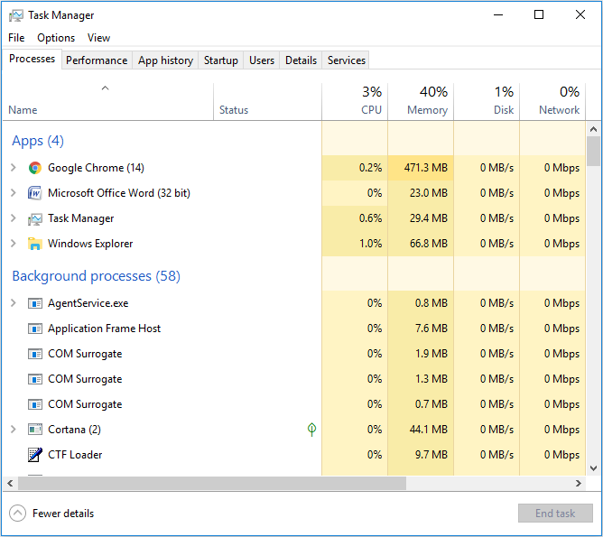 the main interface of Task Manager