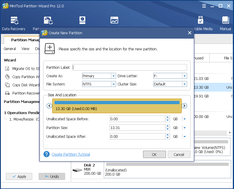 set partition properties and click OK to continue