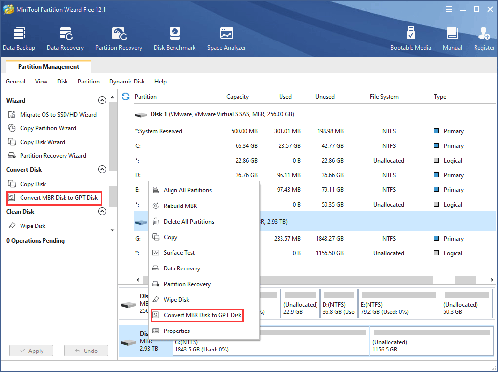 convert MBR to GPT in MiniTool Partition Wizard