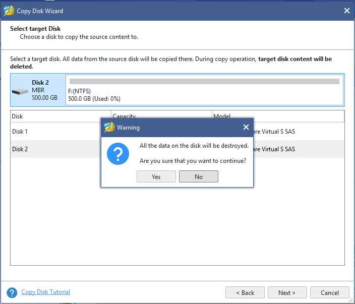 select a disk to copy the source content to