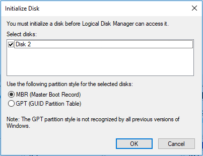initialize a disk to MBR or GPT
