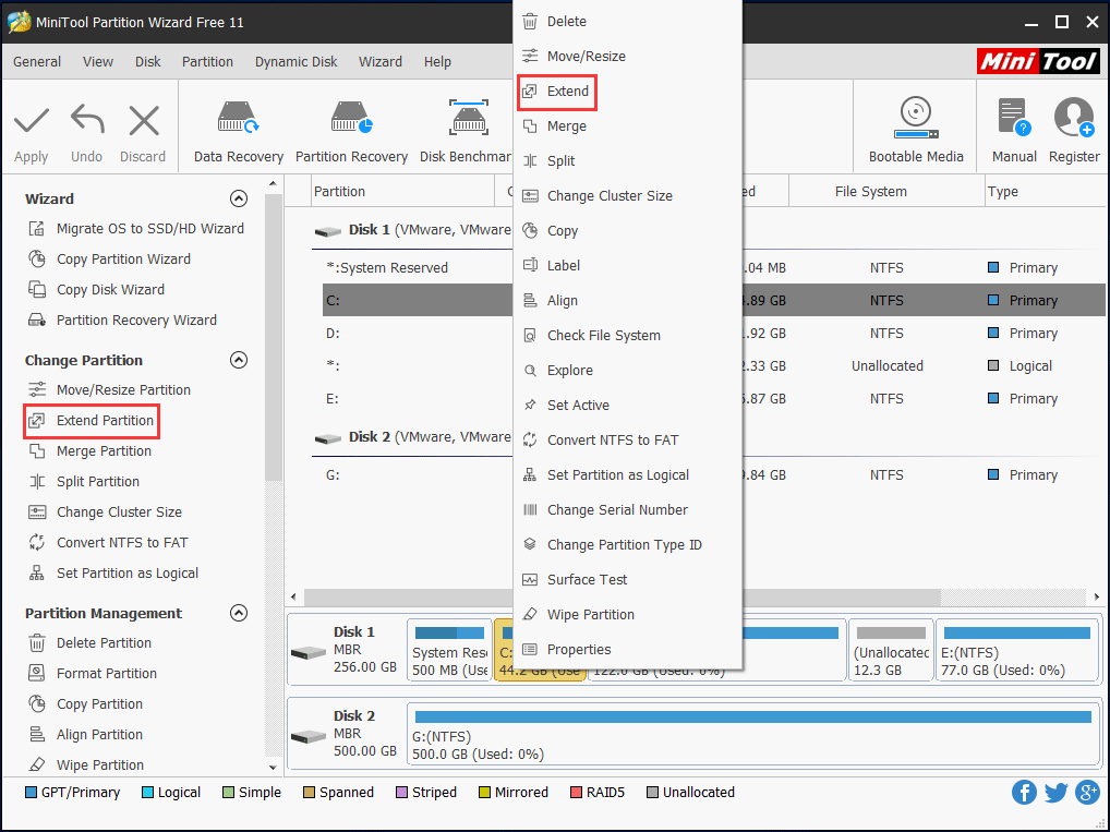 MiniTool Partition Wizard extend C drive