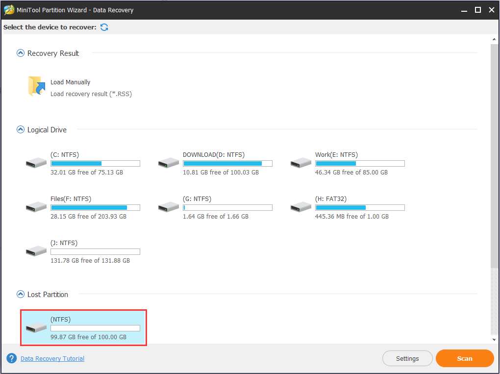 select partition to scan for lost data
