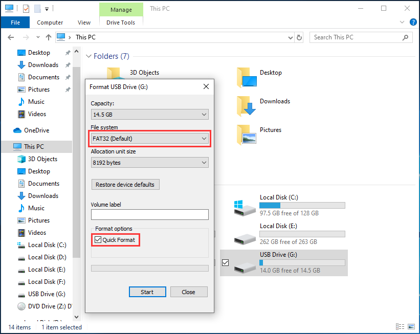 format USB drive via Windows Explorer
