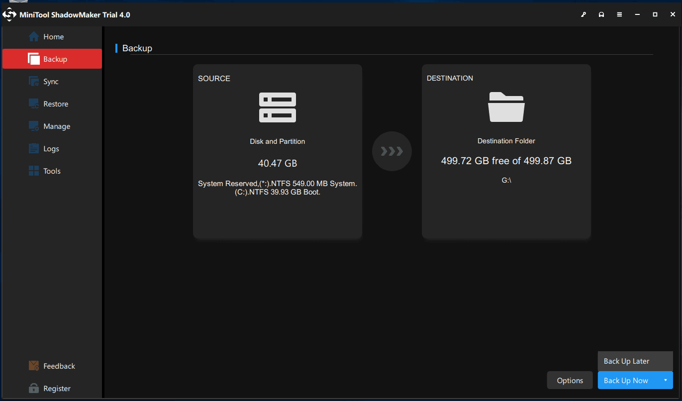 MiniTool ShadowMaker backup page