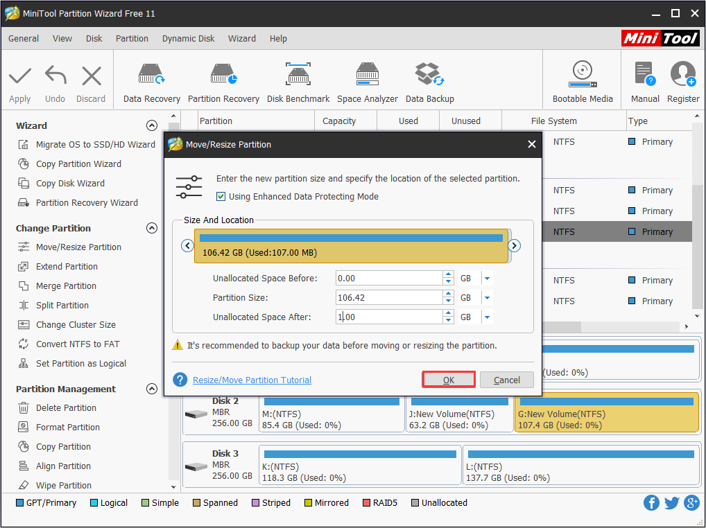 specify the partition size and location