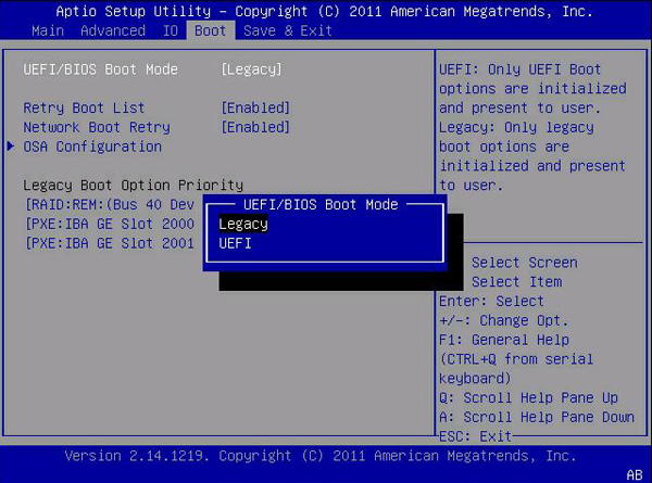 select UEFI or BIOS boot mode