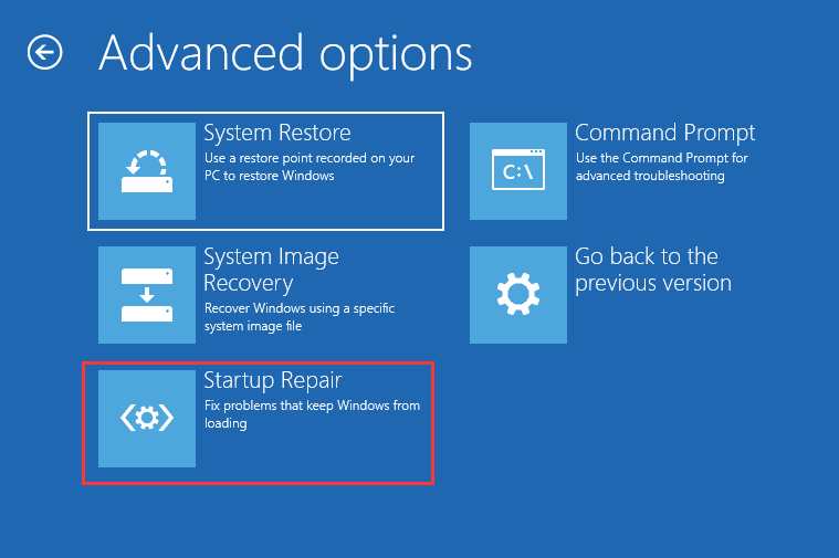 click Startup Repair to continue