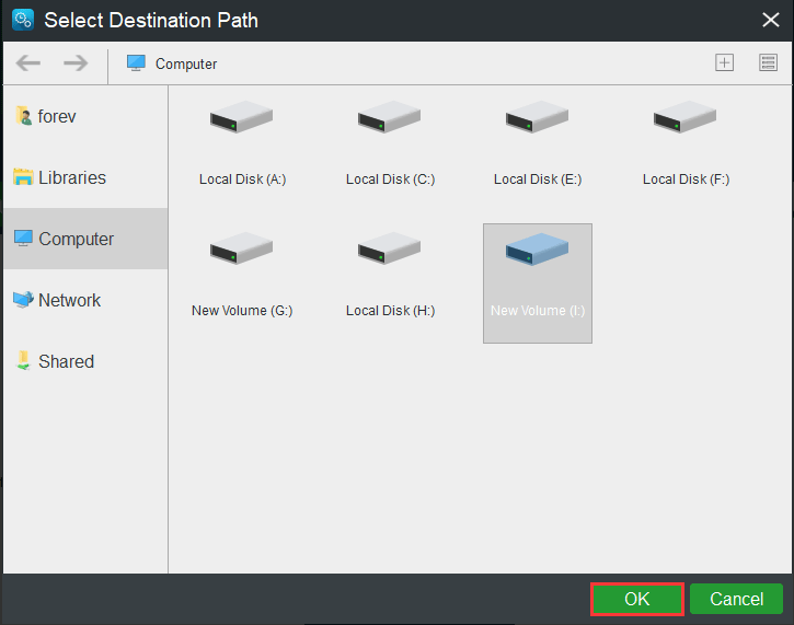 choose a target disk and click OK to continue