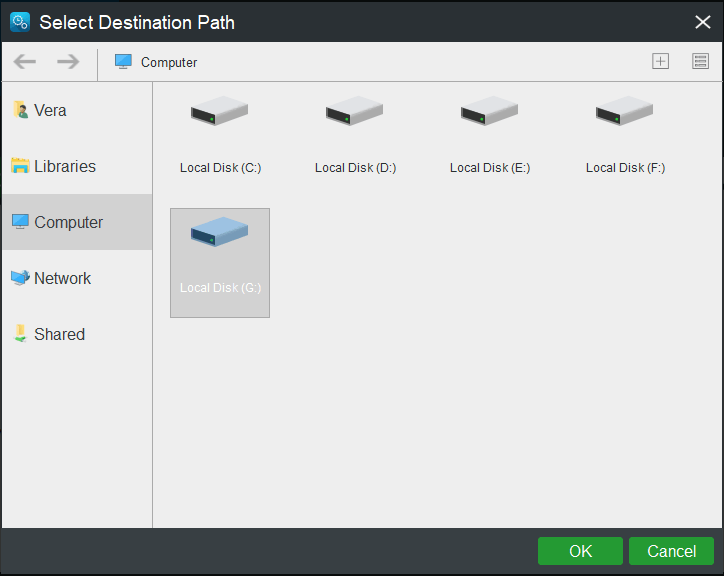 choose destination path for the backup