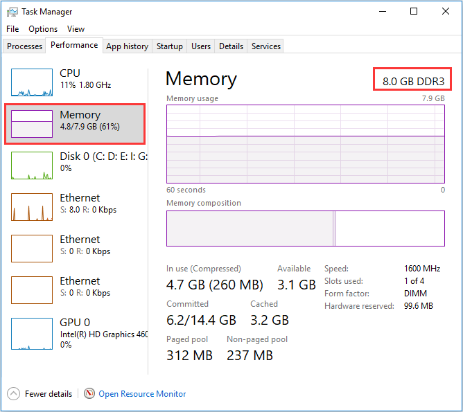 check the RAM size and type in task manager