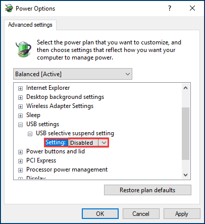 set USB selective suspend setting