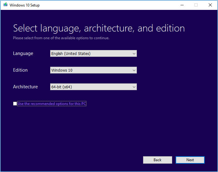 choose the language, edition, and architecture for the Windows 10 installation.