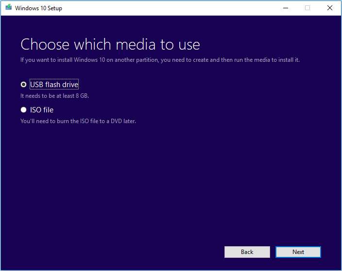 choose USB flash drive to create Windows 10 installation media