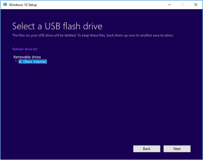 select the USB drive to be used