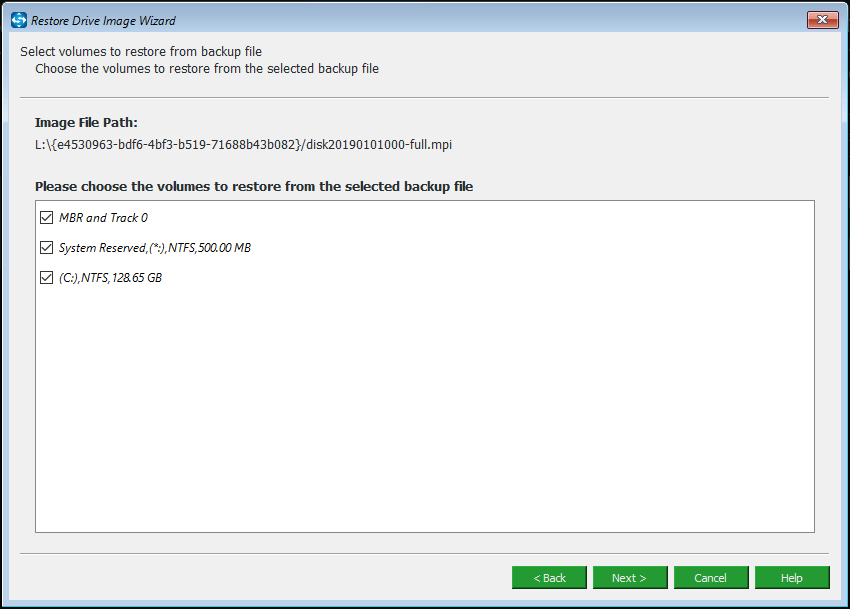 select the volumes to restore from backup file