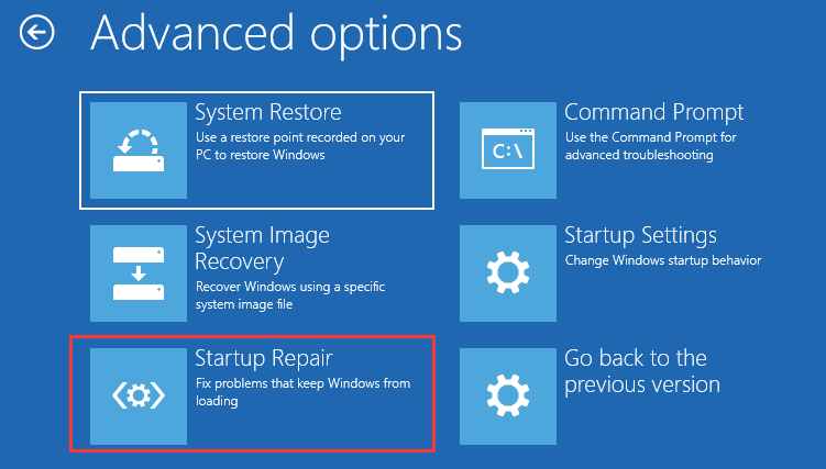 startup repair in WinRE to fix Windows 10 reset stuck issue
