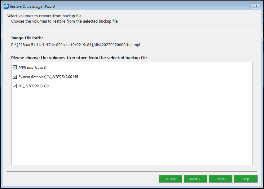 choose volumes to restore from the selected backup file