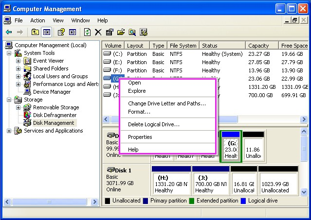 Disk Management in Windows XP