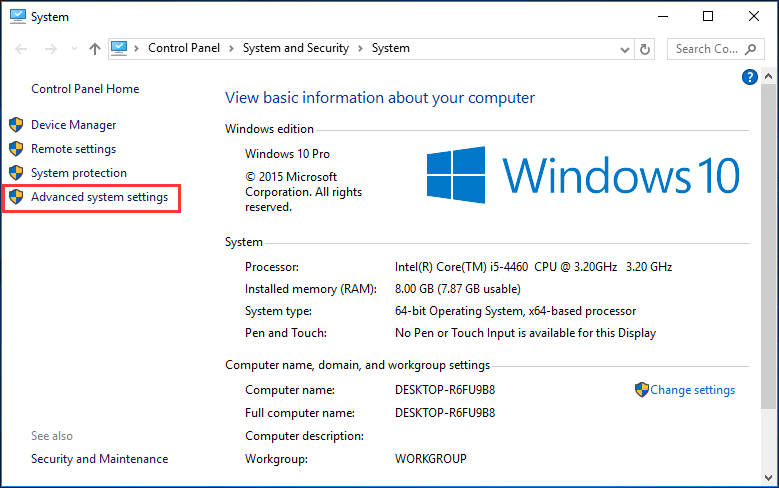 go to Advanced system settings