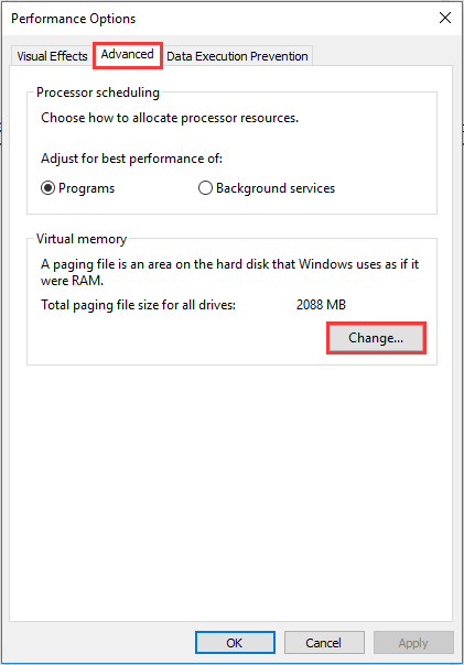 change Virtual memory settings